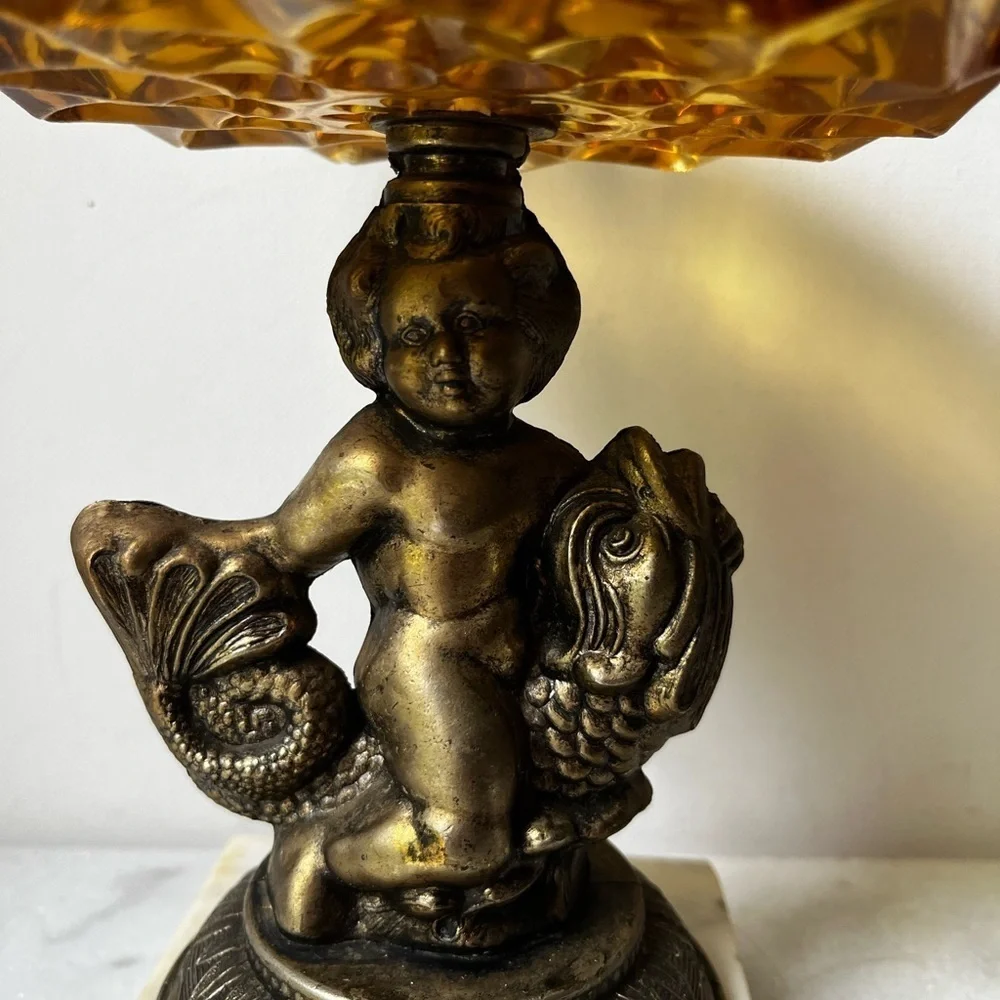 Vintage Cherub Riding a Koi Fish Sculpture Glass Bowl Candy Dish Soap AshTray